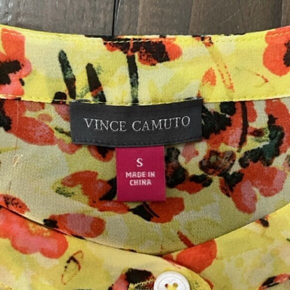 Vince Camuto Yellow Floral Sheer Midi Dress Button Front Side Slits - Picture 7 of 7